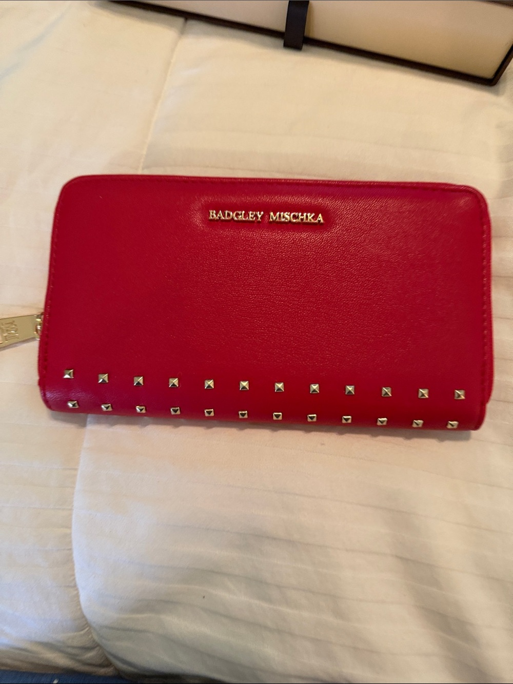 Badgley Mischka Vibrant Red Studded Zip Wallet with Gold Hardware